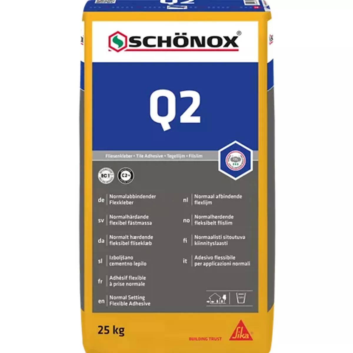 Schönox Q2 rugalmas ragasztó finom kőagyag, kerámia csempék C2TE (25 kg)
